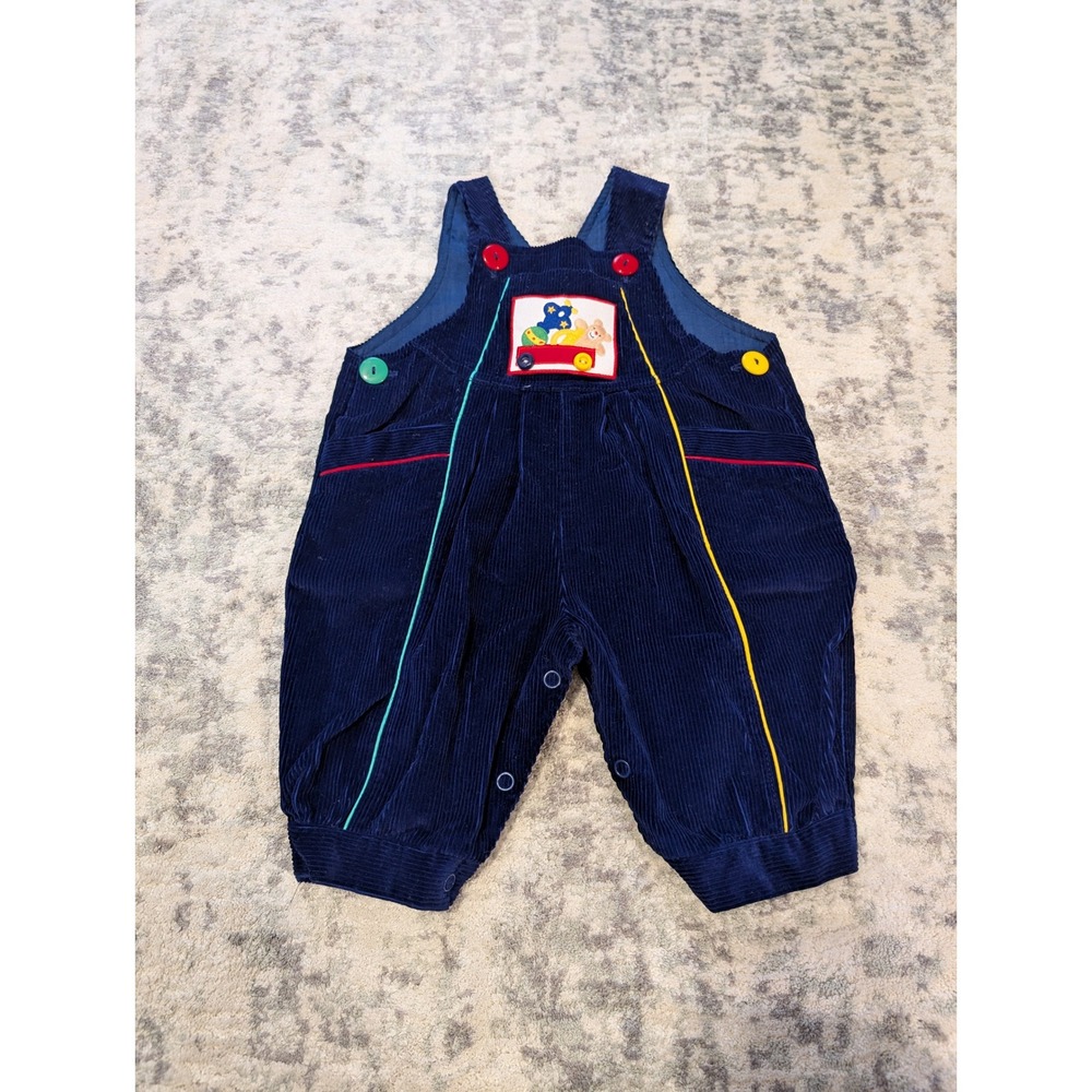 Baby Togs VTG Navy Cotton Corduroy Overalls Toy Applique Snap Closure Sz 3-6 Mo
